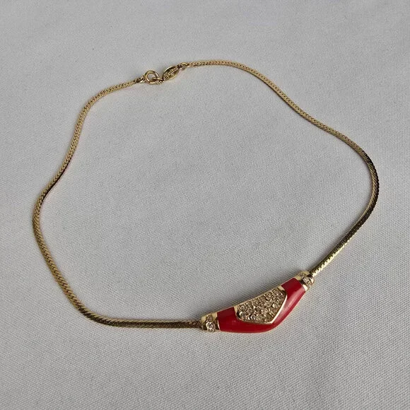 Vintage Vendome Red Enamel Crystal Detail Collar Necklace - Picture 2 of 6